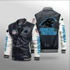 Carolina Panthers Black White Leather Bomber Jacket
