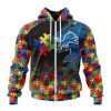 Detroit Lions Custom Name Number Autism Awareness Design Zip Up Hoodie