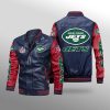 New York Jets Navy Red Leather Bomber Jacket